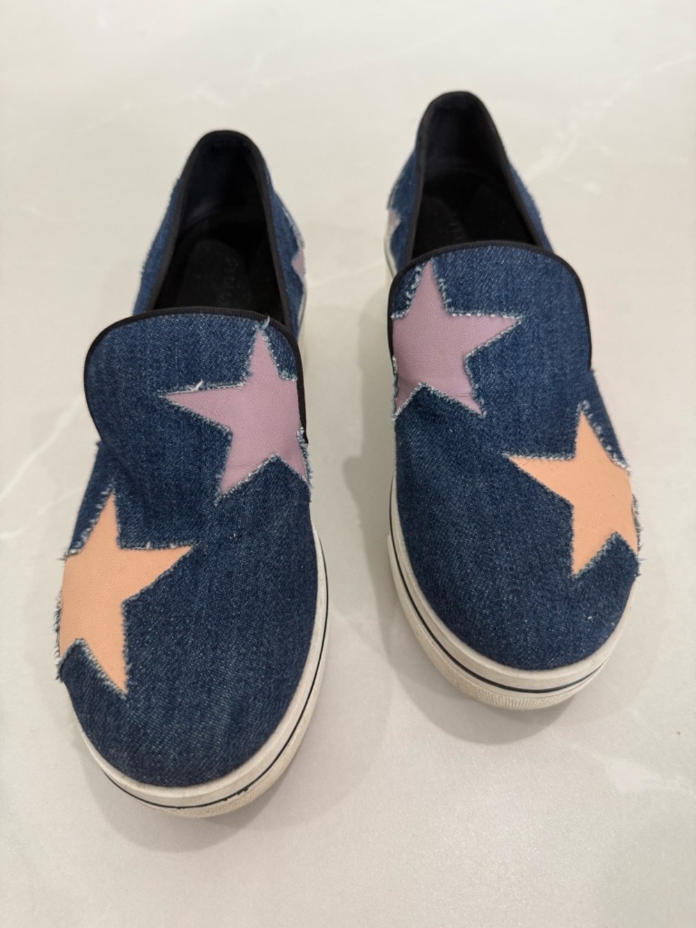 Stella McCartney Blue Denim and Leather Bins Star Platform Slip On Sneakers
